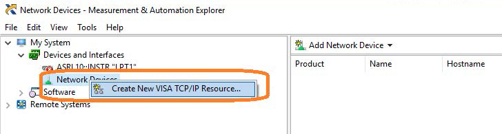 右鍵單擊Network Devices，然后選擇Create New VISA TCP / IP Resource